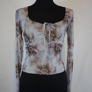 Women's floral tan, gray, brown floral print long sleeve top
